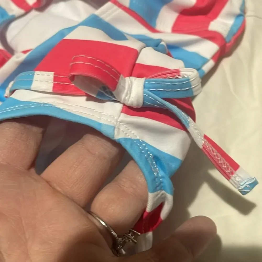 Sunset sky 7 one piece red blue white cut out hair band matching nwt bows at hip